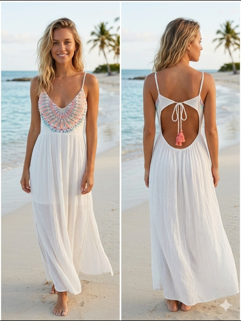 America & Beyond White Embroidered Maxi Beach Dress with Open Back